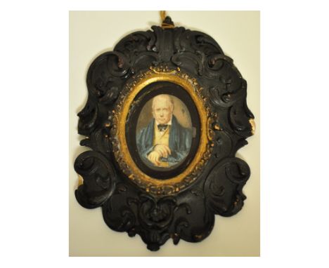 An oval bust portrait miniature, of a gentleman, possibly Sir Walter Scott, watercolour on ivory, 5 x 3.5 cm