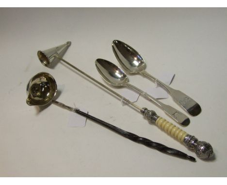 A silver coloured metal toddy ladle, with whalebone handle, a candle snuffer, an Irish silver fiddle pattern tablespoon, init