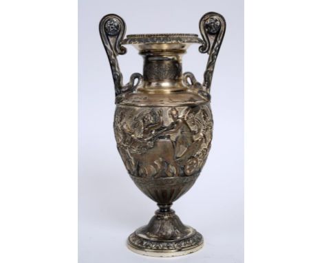 A George V silver two handled vase, of classical form, one side decorated a chariot race, the other side decorated a maiden i