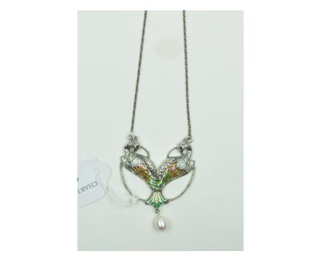 A silver, enamel, opal and ruby peacock necklace