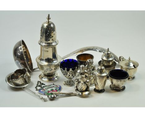 A silver sugar castor, London 1927, a silver ladle, silver condiments, and other similar items (qty)