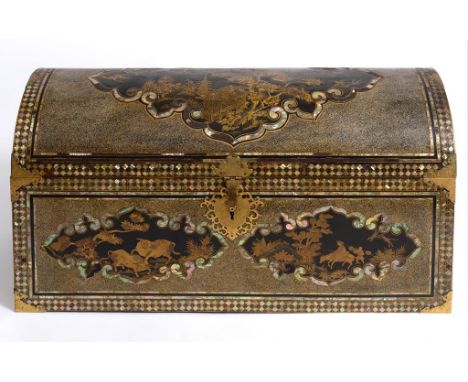 A fine and large Japanese Namban lacquer dome top coffer, Momoyama/early Edo, the top, back, front and sides decorated black 