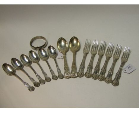 Six Victorian silver Kings pattern dessert forks, London various dates, six silver teaspoons, two silver dessertspoons, and a