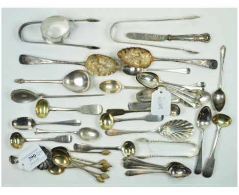A pair of silver sugar tongs, initialled, a pair of picture back teaspoons, a silver caddy spoon, and other silver items, app