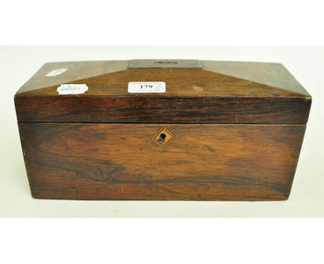 A rosewood tea caddy, 30 cm wide, two portrait miniatures, ceramics, glass and items (4 boxes)