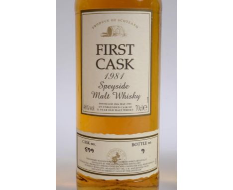 A bottle of Speyside First Cask malt whisky, 46% vol, Cask No 599, Bottle No 9, 1981  See illustration