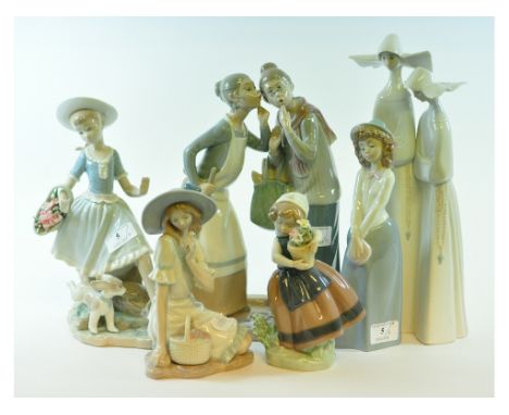 A Lladro group, two ladies gossiping, 30 cm high, three others, and two Nao figures (6)