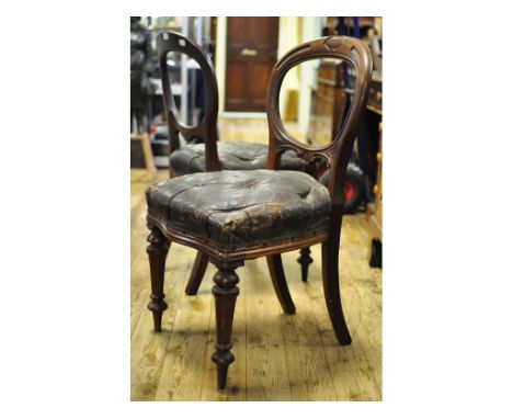 A set of six Victorian mahogany dining chairs, with leather upholstered button seats, and turned front legs (6)   Condition r