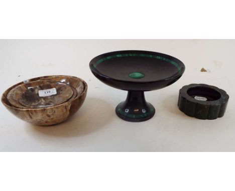 A slate and malachite tazza, 20 cm wide, a Christian Dior hardstone dish, and a graduated set of four polished hardstone bowl