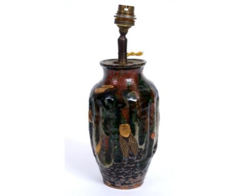 A Japanese pottery vase, overlaid various insects in gilt lacquer (mounted as a lamp), 19 cm high  See illustration
