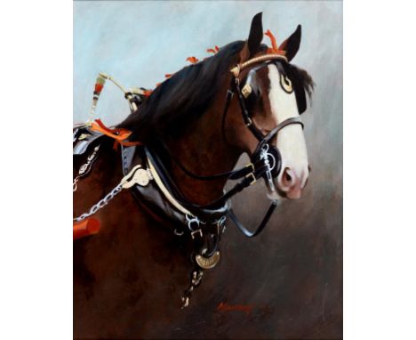 Sam Marriott, a head and shoulders portrait of a prized shire horse, oil on panel, signed, 50 x 39 cm, and its pair (2)  See 