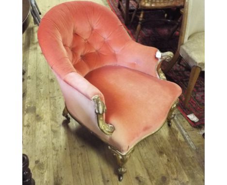 A Victorian upholstered button back tub armchair, with gilded cabriole legs and scrolled arms, 70 cm wide