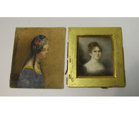 A bust portrait miniature, of a lady, watercolour, 7 x 6 cm, and another miniature (2)