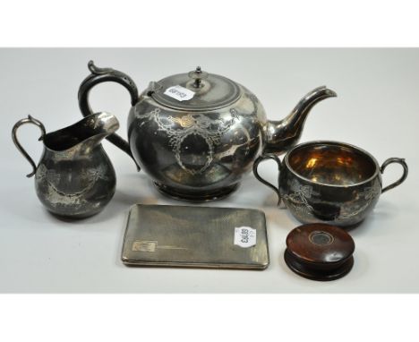 A silver cigarette case, inscribed, Birmingham 1937, approx. 6.1 ozt, a treen box, a tea service, and other items 
