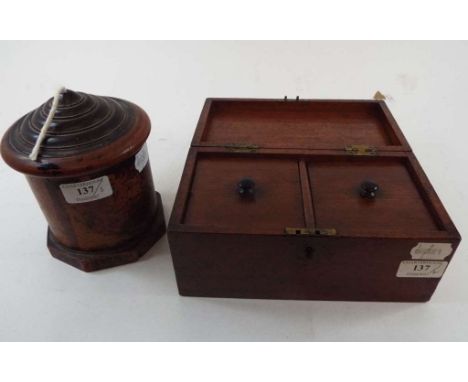 A 19th century treen string dispenser, 12 cm wide, and a tea caddy, with inlaid parquetry decoration, 23 cm wide (2)