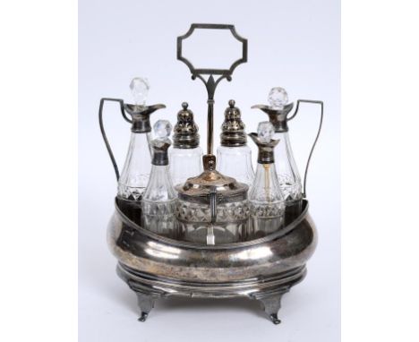 A George III silver bottle stand, Alexander Field, London 1804, with seven silver mounted bottles and jars, and an associated