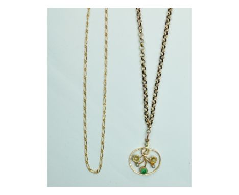 An Art Nouveau style pendant, the yellow coloured metal flowerheads with pearl centres, on a 9ct gold chain, with another 9ct