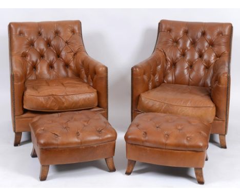 A pair of leather button back upholstered armchairs, on dwarf sabre legs, with a matching pair of footstools (4)   Condition 