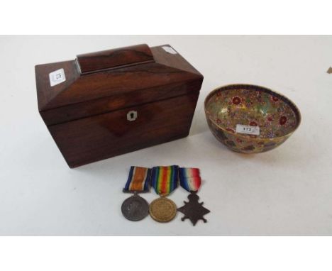 A 19th century rosewood tea caddy, 22.5 cm wide, a WWI medal group, a Japanese porcelain bowl, decorated flowers, a Herbert &