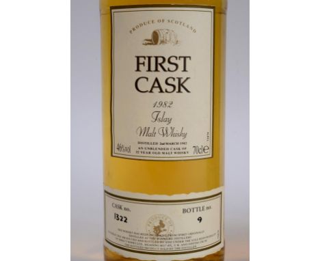 A bottle of Islay First Cask malt whisky, 46% vol, Cask No 1322, Bottle No 9, 1982  See illustration