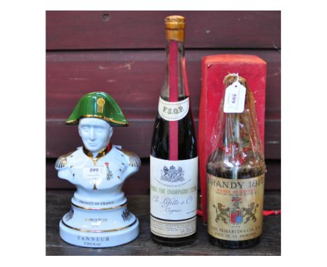 A bottle of Solera Reservade Spanish brandy, with box, a bottle of Lafitte Grande Fine Champagne Extra cognac, and a bottle o