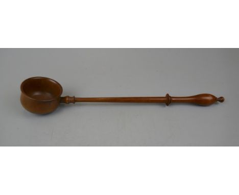 Late 18thC Treen Toddy or Punch Ladle, the slender fruitwood handle with finely turned baluster finial, 32cm long