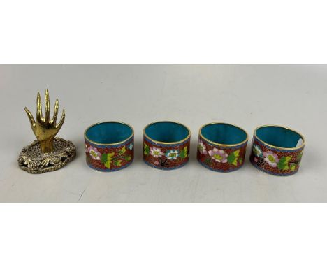 4 Champleve enamel napkin rings together with a brass hand