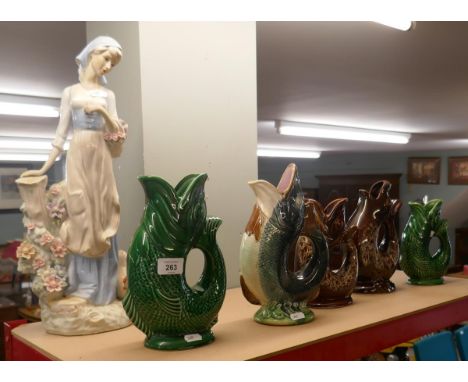 5 fish jugs together with ceramic figure of maiden A/F 