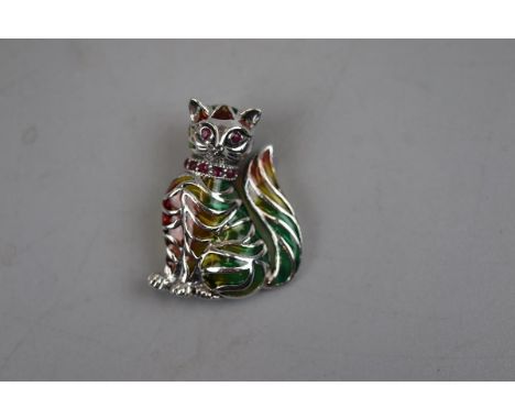 Silver enamel and ruby set cat brooch 