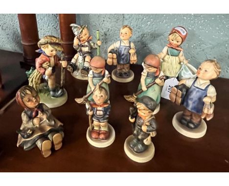 10 Hummel child figures by Goebel with a theme of work. Matt polychrome, decorated with printed marks to bases. 10cm - 14cm 