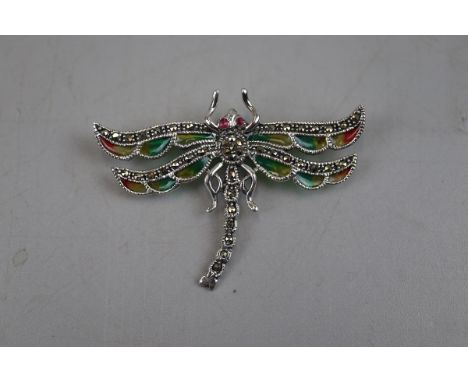 Silver and enamel dragonfly brooch 