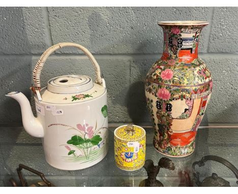 Chinese vase, teapot and tea caddy 