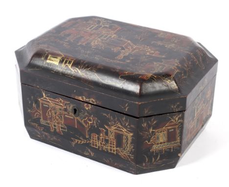 A Lacquered elongated octanganal  wooden Chinoiserie decorated  tea caddy. The body decorated in red and gilt depicting figur