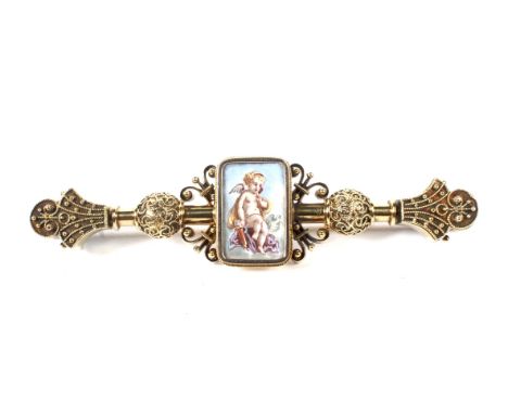 A Victorian gold and portrait miniature 'lovers' brooch. Centred with a rectangular miniature depicting cupid and a love bird