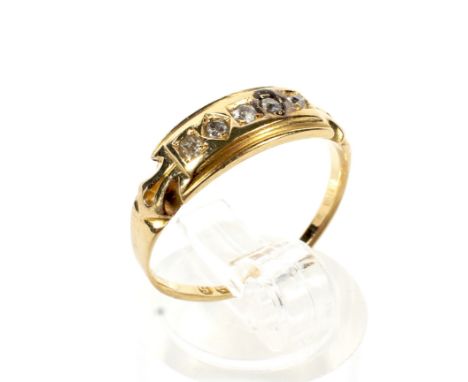 A late Victorian gold and diamond five stone gypsy ring. The five small old-cut diamonds grain set within lozenge-shaped surr