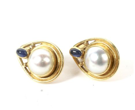 A pair of vintage 18ct gold, mabe-pearl and sapphire drop-shaped earrings. Each rub-over set with a round mabe-pearl approx. 