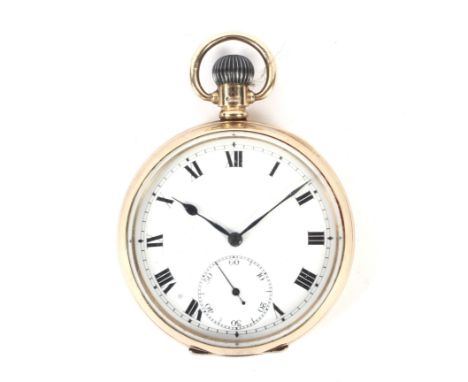 An early 20th century 9ct gold cased open face pocket watch. The enamel dial with Roman numerals denoting hours, seconds subs