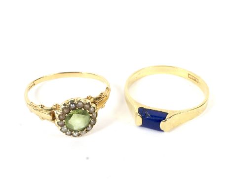 An early 20th century gold, peridot and half-pearl cluster ring and a modern lapis lazuli ring. The cluster centred with a ro