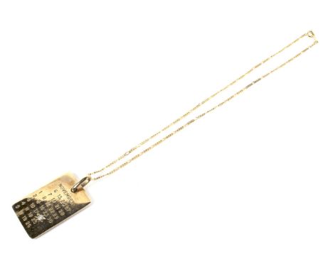 A 9ct gold and diamond rectangular 'calendar' pendant and necklace. The commemorative panel set with a small round brilliant 