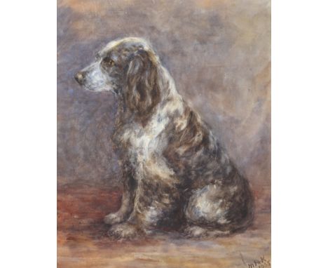 Early 20th Century School, watercolour portrait of a seated spaniel. On a mottled blue ground, signed MMK and dated 1935, 41c