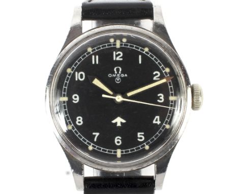 A gentleman's stainless steel Omega British Military issue RAF 1953 Omega wristwatch. The black dial with Arabic numerals den