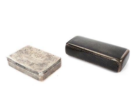 Two Silver Russian snuff boxes. One stamped HP 81 grams and the other PH 84 1850, with engraved decoration of a city to the l