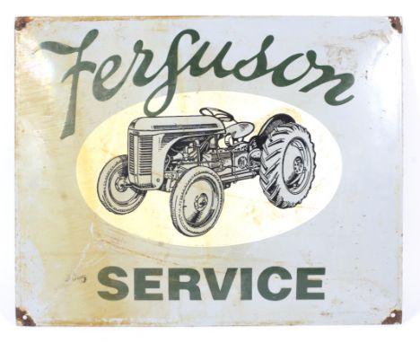 A vintage Ferguson Service enamelled advertising sign. Printed with a tractor on white oval panel, pierced to corners for han
