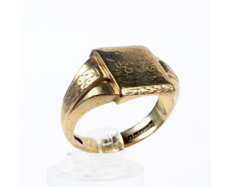 A 9ct gold square signet ring. The panel engraved with initials and the back stamped '98', between part leaf-engraved taperin