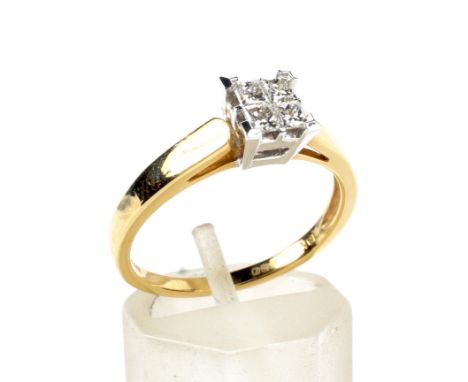 A modern 18ct gold and princess diamond square-cluster ring. The head claw and invisibly set with a cluster of four princess 