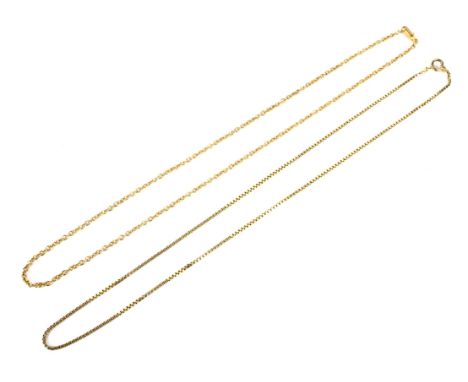 A modern Continental box link necklace stamped '14Kt'. On a bolt ring clasp stamped '585', 46cm long, 6.7g; together with an 