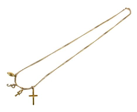 A vintage 9ct gold filed-curb necklace hung with four pendants. The necklace on a bolt-ring clasp and with obscured London im