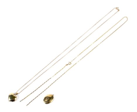 Two 9ct gold necklaces and lockets. Comprising an Italian fine-belcher link necklace on a bolt-ring clasp, indistinct convent