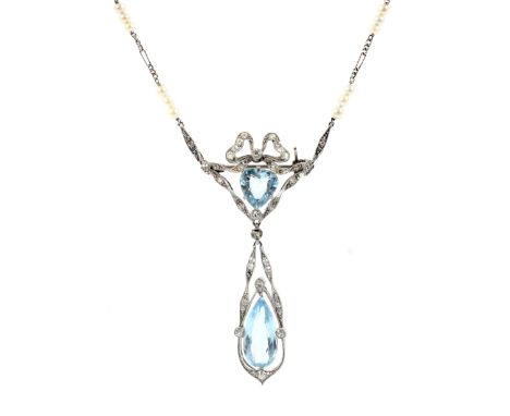 An Edwardian aquamarine, pearl and diamond pendant/necklace/brooch. The frontispiece with a brooch fitting and designed as a 