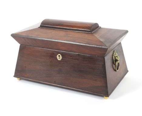 An early 19th century rosewood sarcophagus shaped tea caddy. With domed cover revealing a glass mixing bowl and two hinged ca